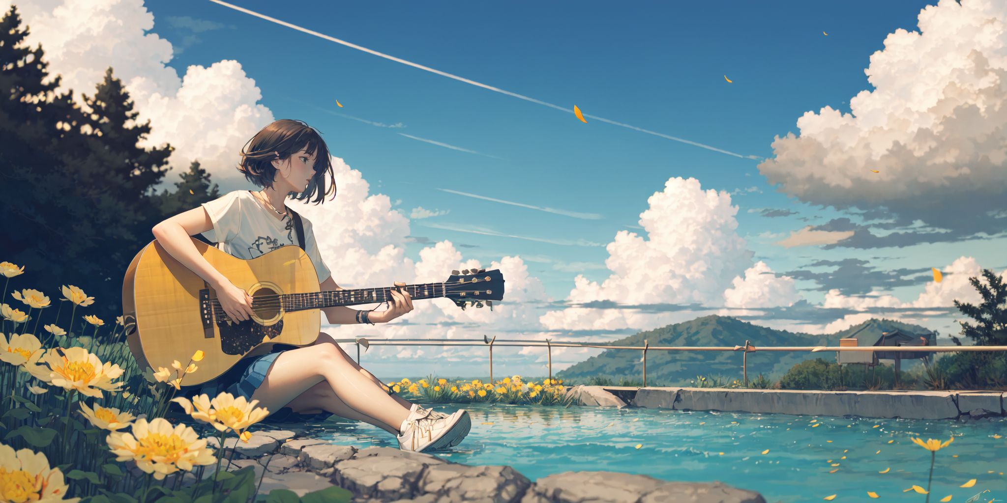21245-525957941--blues, 1girl, instrument, flower, solo, outdoors, brown hair, sitting, guitar, cloud, sky, shoes, petals, short hair, skirt, sn.png